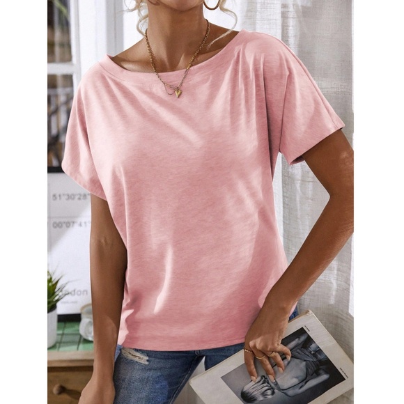 Boat Neck Batwing Sleeve Light Pink Tee Shirt Short Sleeve - Picture 5 of 8